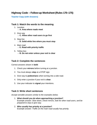 ESOL Driving Theory – Highway Code Rules 170–175 | Junctions Printable ...