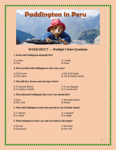 Paddington in Peru — Movie Comprehension Pack (Worksheets + Answer Keys ...
