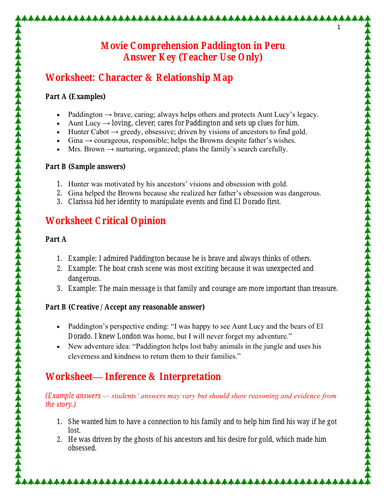 Paddington in Peru — Movie Comprehension Pack (Worksheets + Answer Keys ...