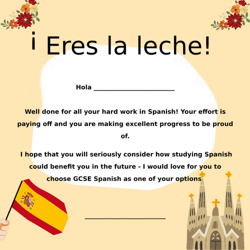 Spanish praise postcard - GCSE options