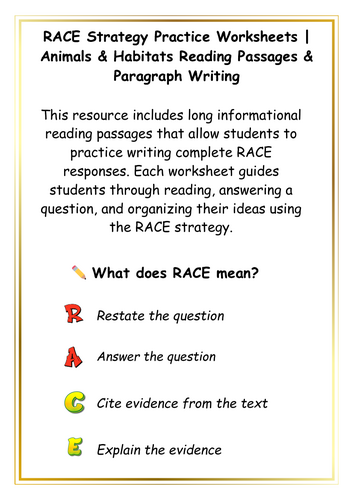 RACE Strategy Practice Worksheets | Animals & Habitats Reading Passages ...