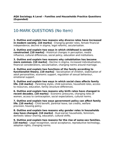 AQA Sociology A Level Families and Households Questions | Teaching ...