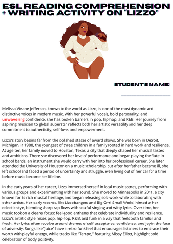 ESL Reading Comprehension + Writing Activity - Lizzo - American Singer ...