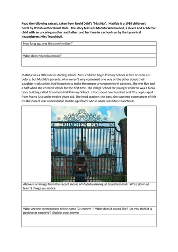 English KS3, SATs, 11+ Roald Dahl Matilda extract. Comprehension and ...
