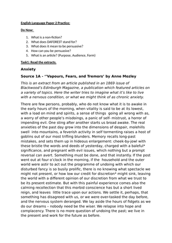 AQA Style English Language Paper 2 Extracts, Tasks and Questions ...