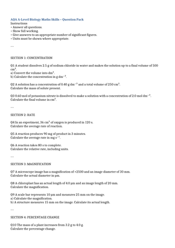 A Level Biology Maths Equations Key Skills & Question Revision Pack ...