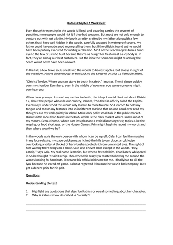 The Hunger Games - Katniss Chapter 1 Worksheet