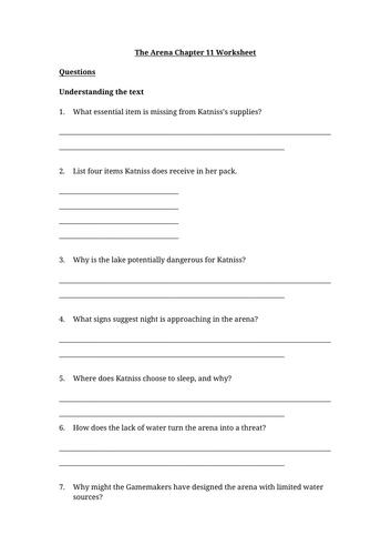 The Hunger Games - The Arena Chapter 11 Worksheet