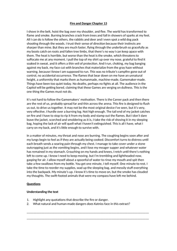 The Hunger Games - Fire and Danger Chapter 13 Worksheet