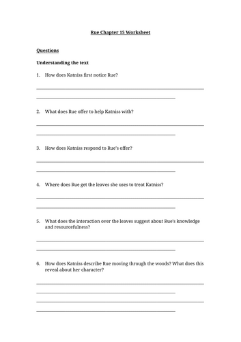 The Hunger Games - Rue Chapter 15 Worksheet