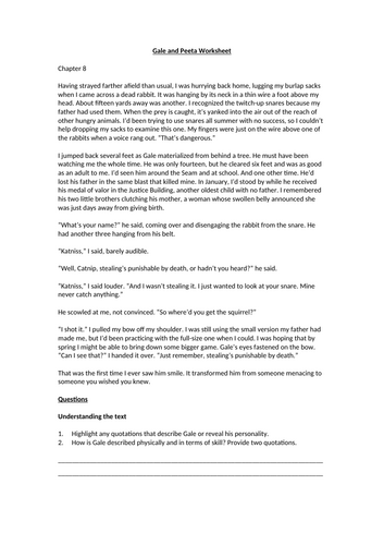 The Hunger Games - Gale and Peeta Worksheet