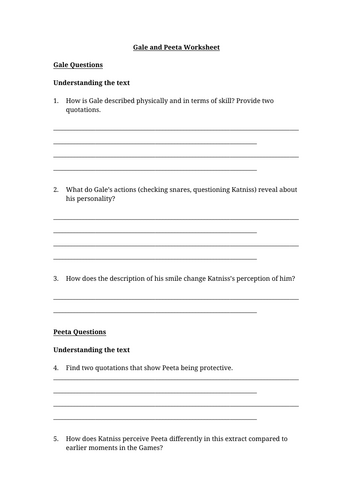 The Hunger Games - Gale and Peeta Worksheet