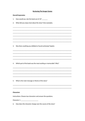Reviewing The Hunger Games Worksheet