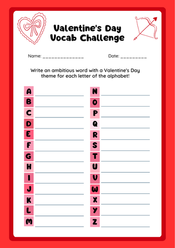 Valentine's Day Vocabulary Challenge sheet