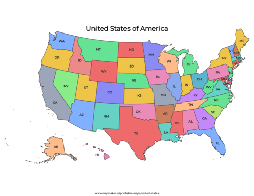 Blank & Colored United States Map with and without State Names ...