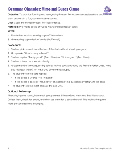 Grammar Charades: Present Perfect Grammar Game | Mime and Guess | No ...