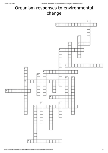 Organism responses to environmental change crossword - A level biology ...