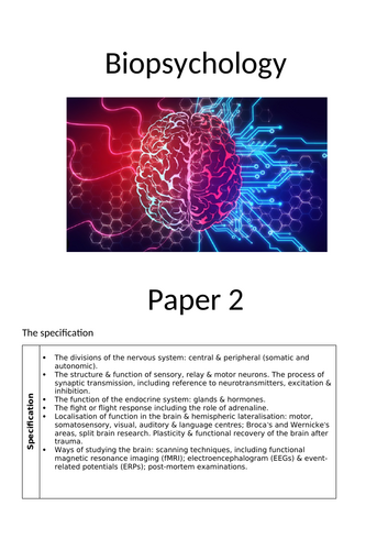 AQA A-Level Psychology Biopsychology booklet | Teaching Resources