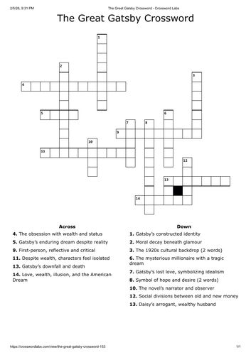 The great Gatsby crossword - English literature | Teaching Resources