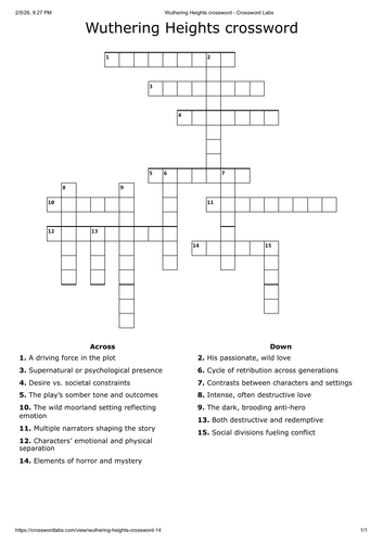 Wuthering heights crossword - English literature | Teaching Resources