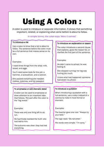 Colons - Helpsheet - Understanding when and why colons are used