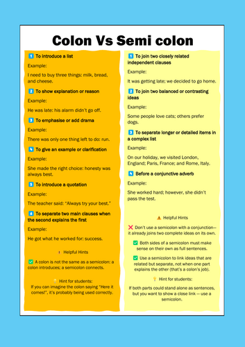 Helpsheet - Colons and semi colons