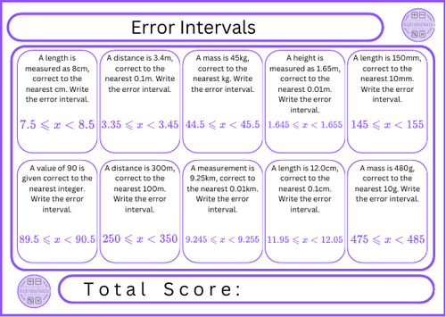 Error Intervals - 10 Questions | Teaching Resources