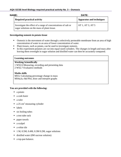 AQA GCSE Biology - B1 - Osmosis Results | Teaching Resources