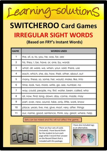 SIGHT WORDS GAME - Switcheroo - 99 Irregular Words based on FRY'S ...