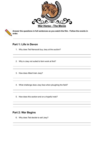 War Horse - Film Viewing Worksheet | Teaching Resources