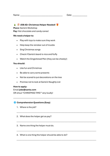 Christmas Job Adverts Comprehension