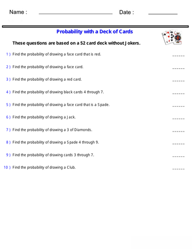 Probability - Probability With a Deck of Cards Worksheet - Single Draw ...