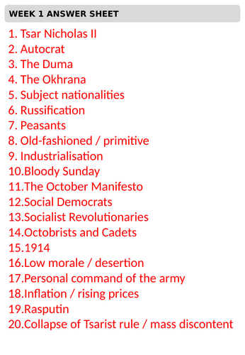 GCSE History Edexcel Russia and the USSR Weekly Homework Booklet (12 ...