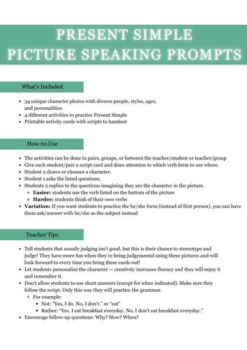 ESL - 4 Present Simple Guided Speaking Activities - 34 Characters Role ...