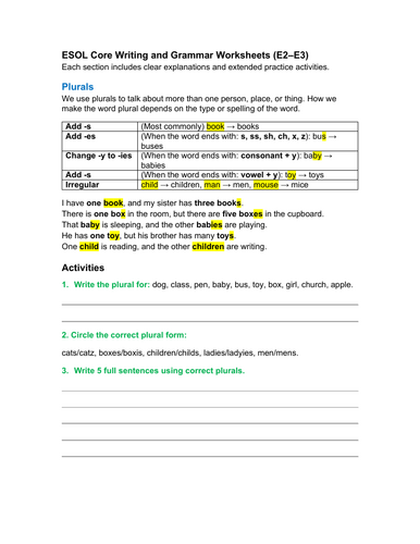 ESOL Entry 2 & Entry 3 English Grammar and Writing Worksheet and ...