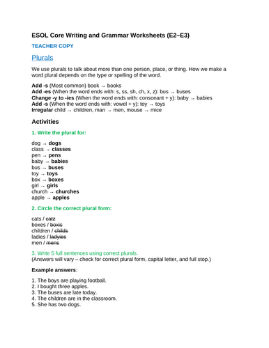 ESOL Entry 2 & Entry 3 English Grammar and Writing Worksheet and ...