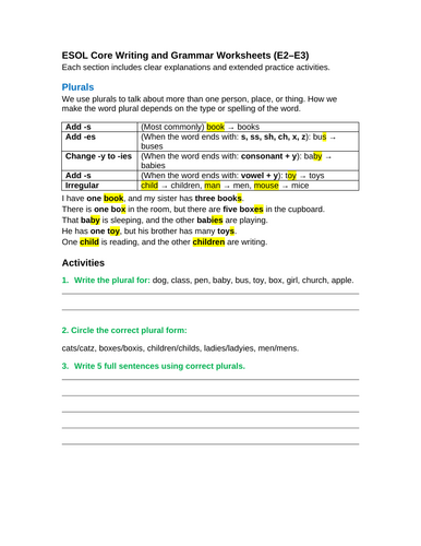 ESOL Entry 2 & Entry 3 English Grammar and Writing Worksheet and ...