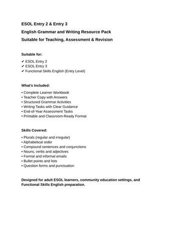 ESOL Entry 2 & Entry 3 English Grammar and Writing Worksheet and ...