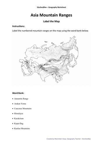 Asia Mountain Ranges Map – Physical Geography Labelling Activity (With ...