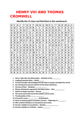THE REFORMATION GCSE HISTORY WORDSEARCH AND QUIZ STARTER ACTIVITY ...