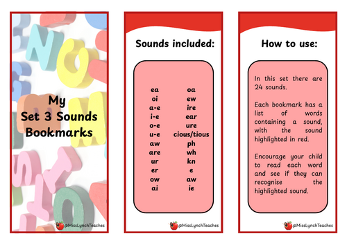 Phonics Set 3 Sounds Bookmarks Set