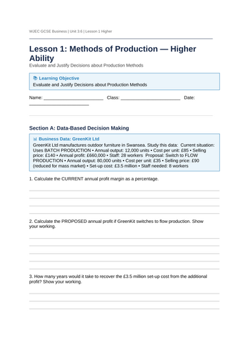 NEW SPEC 2025 WJEC GCSE Business – 3.6 Production – LESSON PACK ...