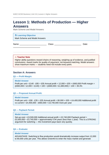 NEW SPEC 2025 WJEC GCSE Business – 3.6 Production – LESSON PACK ...