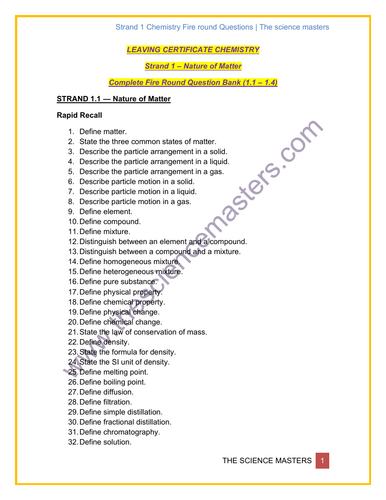Senior Cycle Chemistry Unifying and Strand 1 Quick-Fire Questions Pack ...