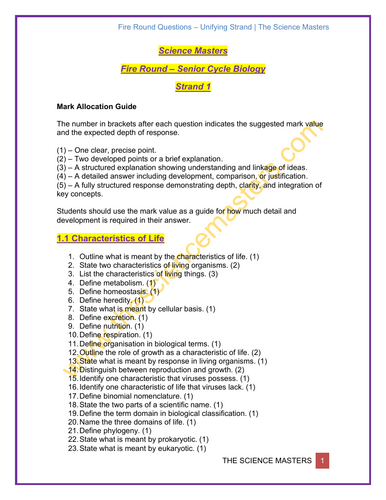 Senior Cycle Biology – Fire Round Questions Bundle – Unifying Strands 1 ...