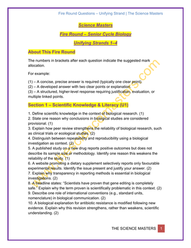 Senior Cycle Biology – Fire Round Questions Bundle – Unifying Strands 1 ...