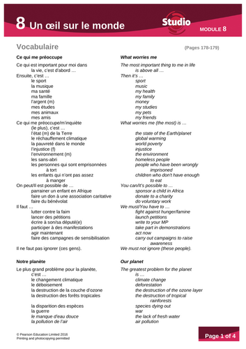 French GCSE - Studio Higher - end of module vocabulary - M1 to M8 ...
