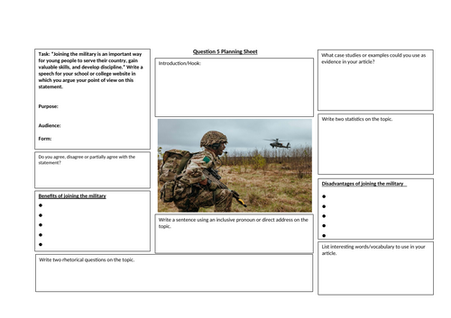 AQA English Language Paper 2 Question 5 - Planning Sheet: Military