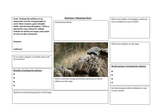 AQA English Language Paper 2 Question 5 - Planning Sheet: Military