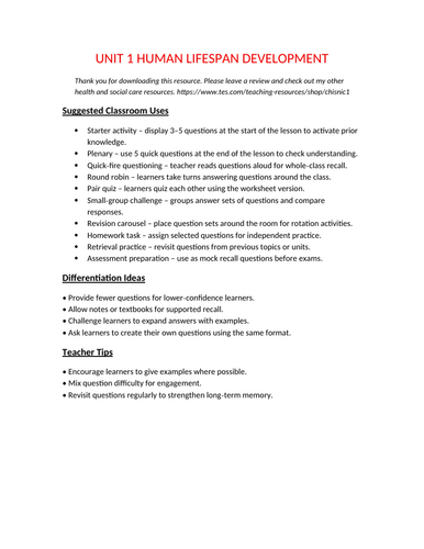 Unit 1 Human Lifespan Development – 50 Revision Questions with Answers ...